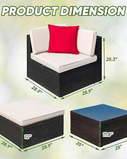 Greesum 3 Piece Patio Conversation Set Wicker Rattan Furniture Outdoor Sofa with Cushions,Pillows and Glass Table for Porch,Lawn and Yard, Beige - LeafyLoom