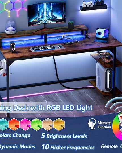 Furologee Computer Desk with Charging Station and LED Lights, 55" Office Gaming Desk with Adjustable Shelves and Fabric Drawer, Study Table with Monitor Stand and Hooks, Rustic Brown - LeafyLoom