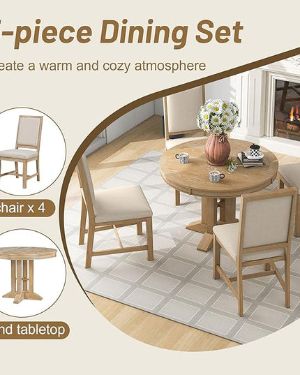 RITSU Farmhouse 5-Piece Dining Set, Included Retro Extendable Round Table with X-Shape Base and 4 Upholstered Chairs, Solid Wood Adjustable Dinette Furniture for Kitchen Living Room, Natural, 1 - LeafyLoom