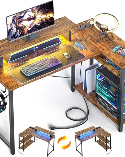 Homieasy Small Gaming Desk with Power Outlet & LED Light, 39 Inch L Shaped Computer Desk with Storage Shelves, Reversible Corner Desk with Monitor Stand Headset Hooks for Home Office, Rustic Brown - LeafyLoom