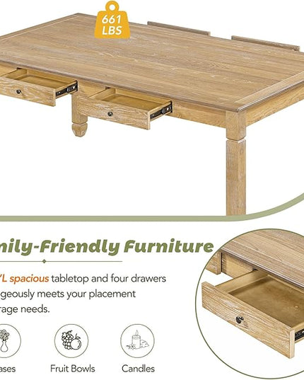 6-Piece Modern Dining Set, Include 72'L Solid Wood Table with 4 Drawers, Upholstered Chairs & Bench, for Kitchen, Living Room, Stable Frame and a Long Lifespan, Natural+Light Gray - LeafyLoom