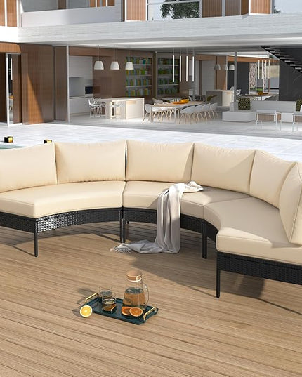 3-Piece Half Moon Patio Furniture Set with Cushions, All Weather Rattan Curved Outdoor Sofa Conversation Group Seatings for Balcony Front Porch Backyard Deck Lawn, Beige - LeafyLoom