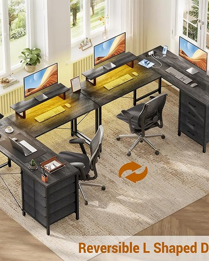 Homieasy L Shaped Desk with Drawers & Power Outlets, Reversible Computer Desk with LED Light and Monitor Stand, 50 Inch Home Office Gaming Work Study Desk with 4 Storage Drawers, Black Oak - LeafyLoom