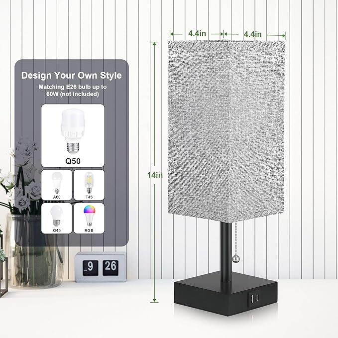 aooshine Table Lamps Set of 2 - Grey, USB A and USB C Charging, Pull Chain Control, Bulb NOT Included, Small - LeafyLoom