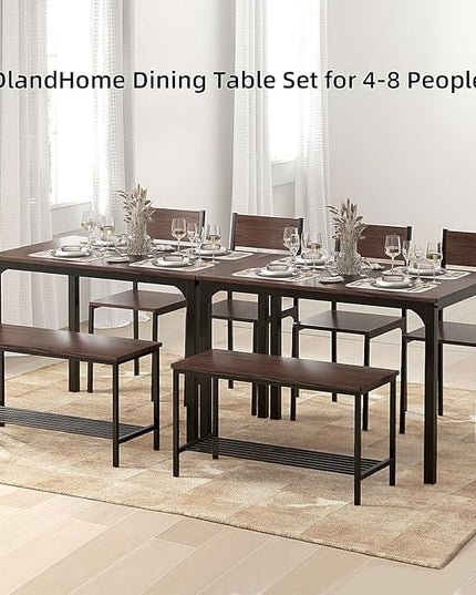 DlandHome 4 Person Dining Table Set, Dining Table with 2 Chairs and 1 Bench,Rectangular Space-Saving Dinner Table with Two Benches for Kitchen,Rustic Oak - LeafyLoom