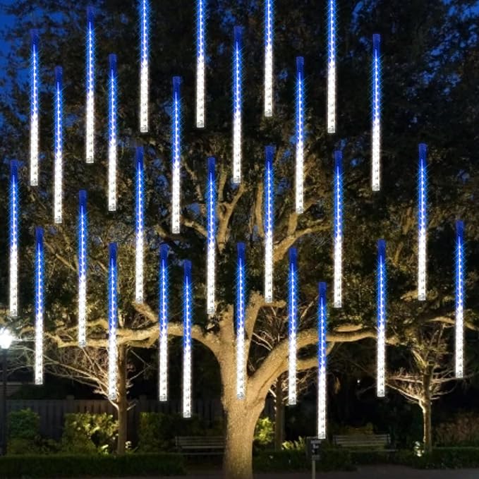 Dazzle Bright 288 LED Christmas Light, 11.8 Inch Meteor Shower Rain Lights with 8 Tubes,Waterproof Plug in Falling Rain Lights Christmas Decorations for Xmas Bushes Tree Yard Party, Blue and White DazzleBright