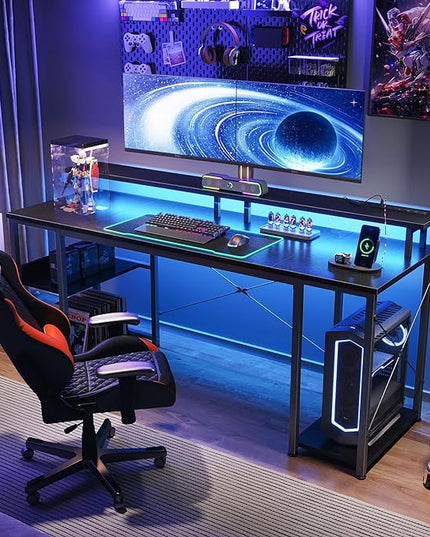 ODK 63 inch Computer Desk with Power Outlets & LED Lights, Gaming Desk with Monitor Stand & Storage Sheves, Home Office Desk, Black - LeafyLoom