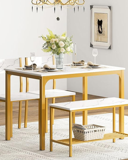 DlandHome Dining Table with 2 Chairs and 1 Bench Dining Room Sets Dining Table and Chairs Set,Rectangular Space-Saving Dinner Table with Two Benches for Kitchen,Golden - LeafyLoom
