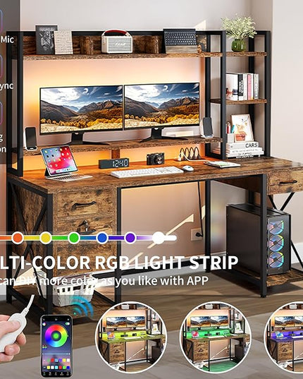 DWVO Computer Desk with Drawers & Hutch, 59.1" Office Desk with Power Outlets & LED Lights, Home Office Desk with Storage Shelves, Rustic Brown - LeafyLoom