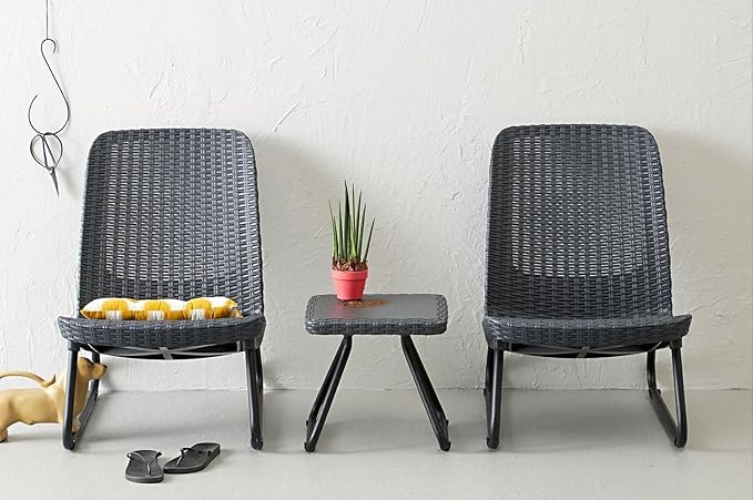 Keter Rio 3 Piece Resin Wicker Patio Furniture Set with Side Table and Outdoor Chairs, Dark Grey - LeafyLoom
