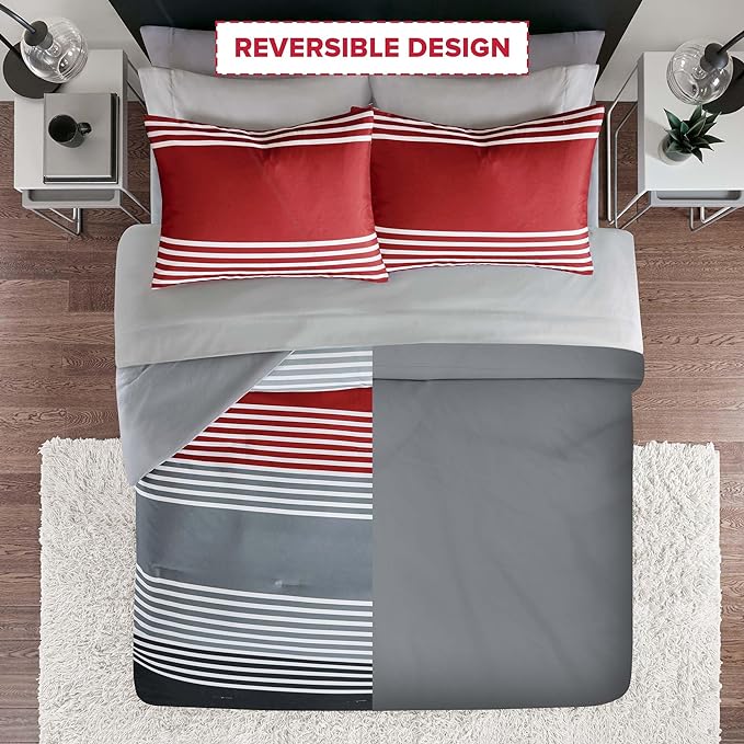Comfort Spaces Comforter Sets with Sheets - Bed in a Bag 9 Pieces Teen Bedding Sets , Red and Grey Stripes Bedding Full, College Full Bed Set with 2 Side Pockets Bedroom Organizer - LeafyLoom