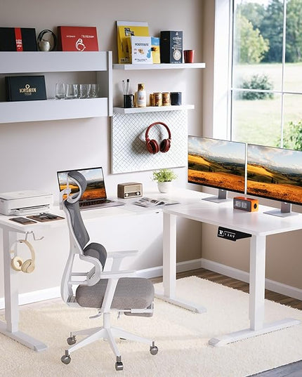 L-Shaped Electric Standing Desk, 63 x 55 Inches Height Adjustable Coner Table, Home Office Computer Workstation, White, 63 x 55 Inch - LeafyLoom