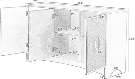 58.2“ Curved Design Storage Cabinet with Linen Material and Metal Round Handle Door,Wooden Console Table,W/Adjustable Shelves,Suitable for Corridors,Entrances,Living Rooms,Study,Beige - LeafyLoom