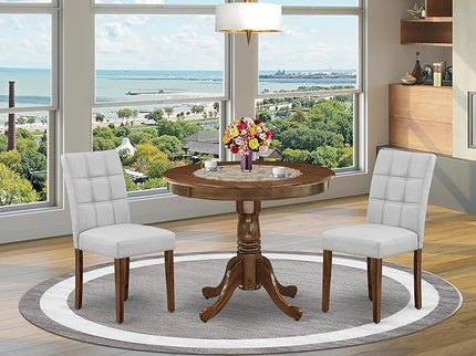 East West Furniture ANAS3-AWA-27 3 Piece Modern Dining Set consists A Dinning Table and 2 Light Gray Faux Leather Dinner Chairs, Antique Walnut, 36x36 Inch - LeafyLoom
