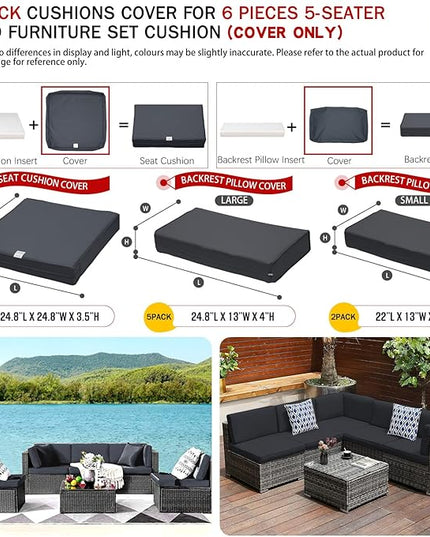 ClawsCover 12Pack Outdoor Seat and Back Cushions Replacement Covers Fit for 6Pieces 5-Seater Wicker Rattan Patio Furniture Conversation Set Sectional Couch Chairs,Dark Grey-Include Cover Only - LeafyLoom