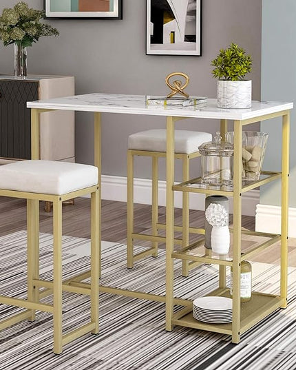 Merax 3-Piece White/Gold Modern Pub Set Counter Height Breakfast Table with 4 Bar Stool for Kitchen Dining Room - LeafyLoom