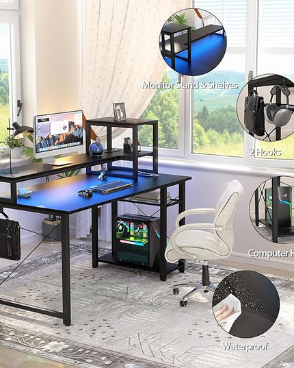 Gaming Desk with Lights & Power Outlets, 47.2'' Computer Desk with Storage Shelves, Small Desk for Small Space, Desk with Monitor Stand, Black - LeafyLoom
