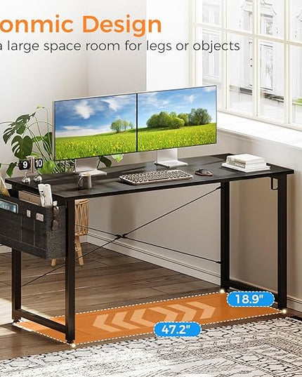 ODK Computer Desk Large Office Desk, 48 Inch Writing Desk with Storage, Modern PC Desk Work Table with Headphone Hook for Home Office, Black - LeafyLoom