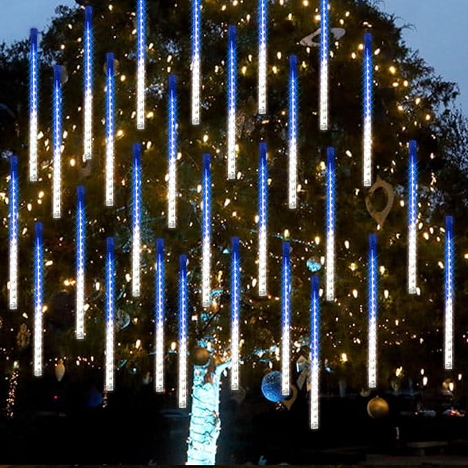 Dazzle Bright 288 LED Christmas Light, 11.8 Inch Meteor Shower Rain Lights with 8 Tubes,Waterproof Plug in Falling Rain Lights Christmas Decorations for Xmas Bushes Tree Yard Party, Blue and White DazzleBright