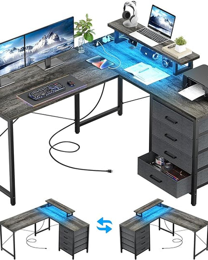 Homieasy L Shaped Desk with Drawers & Power Outlets, Reversible Computer Desk with LED Light and Monitor Stand, 50 Inch Home Office Gaming Work Study Desk with 4 Storage Drawers, Black Oak - LeafyLoom