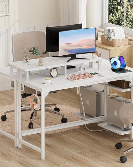 Furologee White Desk with Power Outlets and LED Lights, 47" Office Gaming Desk with Shelves and Fabric Drawer, Reversible Study Table with Monitor Stand and Hooks - LeafyLoom