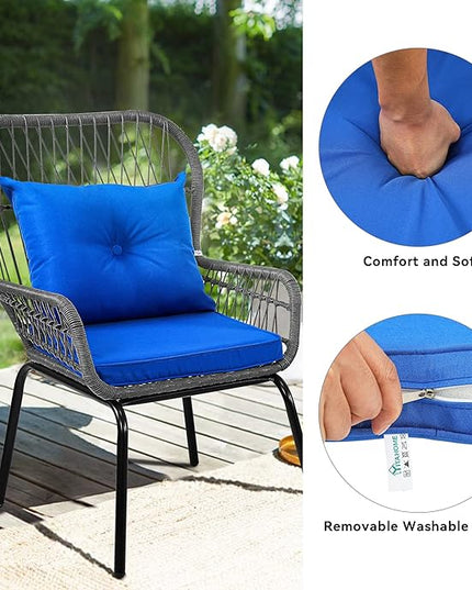 YITAHOME 3-Piece Outdoor Patio Furniture Wicker Bistro Set, All-Weather Rattan Conversation Chairs for Backyard, Balcony and Deck with Soft Cushions, Glass Side Table (Gray+Navy Blue) - LeafyLoom