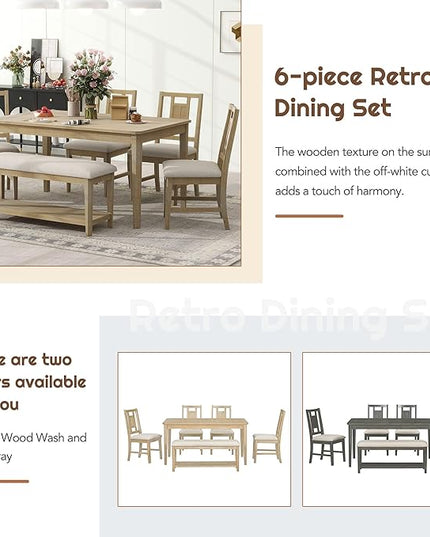 6-Piece Retro Dining Set, Minimalist Rectangular Table and 4 Upholstered Chairs & 1 Bench with a Shelf for Kitchen Living Room, Natural Wood Wash, 60" L x 43" W x 30" H - LeafyLoom