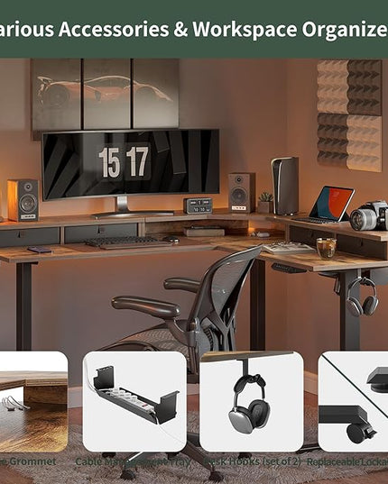 FEZIBO 63" L Shaped Standing Desk with 4 Drawers, Electric Standing Gaming Desk Adjustable Height, Corner Stand up Desk with Splice Board, Black Frame/Rustic Brown Top - LeafyLoom