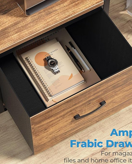 GreenForest 69 inch L Shaped Computer Desk with Drawers and Printer Stand, Gaming Desk with Power Outlet, Monitor Shelf, Storage Shelves and Hooks for Home Office Working, Writing, Studying, Walnut - LeafyLoom