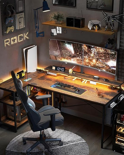 ODK 58 Inch Gaming Desk with USB Charging Ports and LED Lights, Reversible L Shaped Computer Desk with Storage Shelves & Monitor Stand, Corner Home Office Desk Table with Power Outlets, Vintage - LeafyLoom