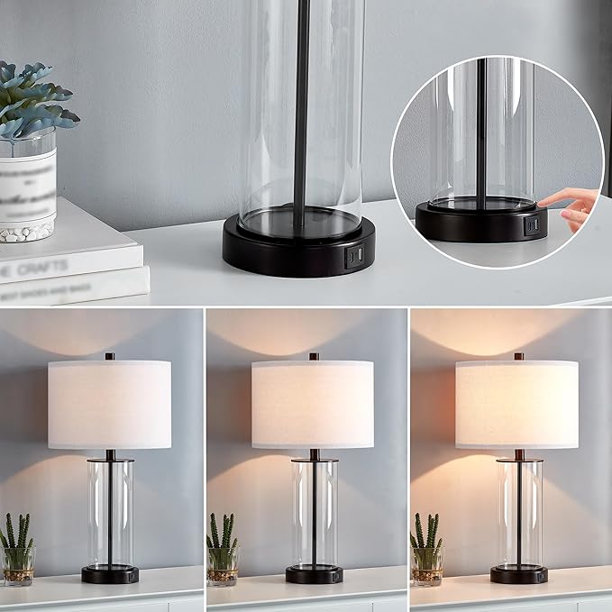 23.5'' Glass Table Lamp Set of 2 for Living Room, 3-Way Touch Control Table Lamps with USB Ports and AC Outlets(Bulbs Included) - LeafyLoom