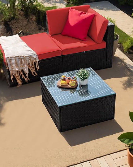 Greesum 3 Piece Patio Conversation Set Wicker Rattan Furniture Outdoor Sofa with Cushions,Pillows & Glass Table for Porch,Lawn and Yard, Red - LeafyLoom