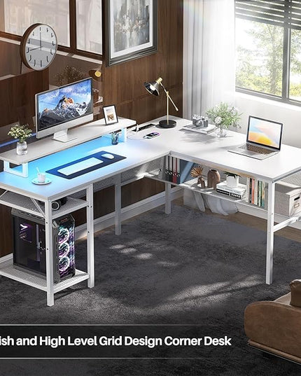 L Shaped Desk, 55 Inch Reversible Computer Desk with Magic Power Outlet and Cool LED Light, Sturdy Corner Office Desk with Ergonomic Monitor Stand, Gaming Table, Attractive Grid Design, White - LeafyLoom