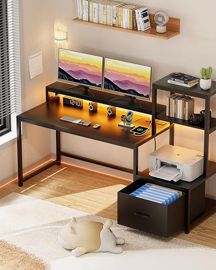 GreenForest Computer Desk with Drawer and Printer Shelf, 68.8 inch Gaming Desk with LED Lights and Power Outlets, Home Office Desk with Storage for Study Writing Working,Black - LeafyLoom