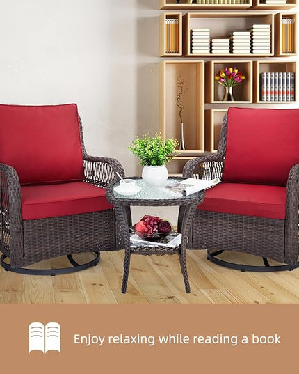IDEALHOUSE 3 Pieces Outdoor Wicker Swivel Rocker Patio Set, 360-Degree Swivel Rocking Chair Elegant Wicker Patio Bistro Set with Tempered Glass Top Side Table (Red) - LeafyLoom