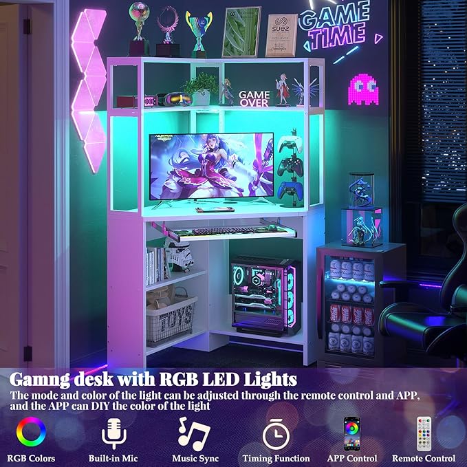 Cyclysio Small Corner Desk with Hutch, Heavy Duty Corner Computer Desk with Power Outlets & LED Light, Triangle Corner Gaming Desk with Keyboard Tray for Home Office, Small Space, Workstation White - LeafyLoom