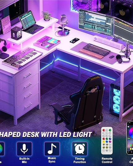 Homieasy L Shaped Desk with Drawers & Power Outlets, Reversible Computer Desk with LED Light and Monitor Stand, 50 Inch Home Office Gaming Work Study Desk with 4 Storage Drawers, White - LeafyLoom