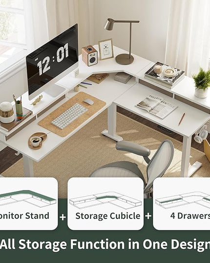 FEZIBO 63" L Shaped Standing Desk with 4 Drawers, Electric Standing Gaming Desk Adjustable Height, Corner Stand up Desk with Splice Board, White Frame/White Top - LeafyLoom