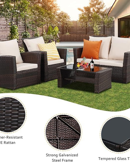 Solaste 4 Piece Patio Outdoor Furniture Sets,Patio Conversation Sofa Wicker Chair with Cushion,Hand Woven Rattan Sofa for Porch Backyard Outside Garden Lawn Yard,Brown - LeafyLoom