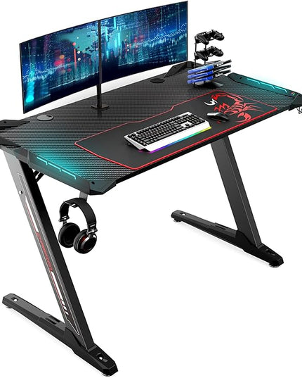 EUREKA ERGONOMIC Z1-S Pro Gaming Desk 44.5" Z Shaped Home Office PC Computer Desks Gamer Tables with LED Lights Controller Stand Cup Holder Headphone Hook Free Mousepad for Men Boyfriend Female Gift - LeafyLoom