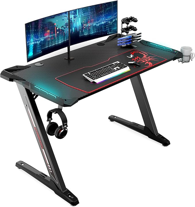 EUREKA ERGONOMIC Z1-S Pro Gaming Desk 44.5" Z Shaped Home Office PC Computer Desks Gamer Tables with LED Lights Controller Stand Cup Holder Headphone Hook Free Mousepad for Men Boyfriend Female Gift - LeafyLoom