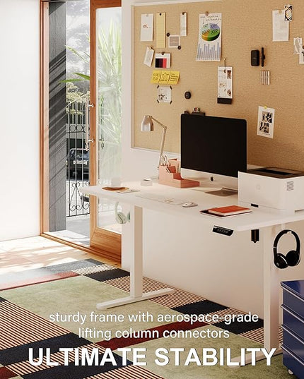 Monomi Electric Standing Desk, 63 x 28 inches Height Adjustable Desk, Ergonomic Home Office Sit Stand Up Desk with Memory Preset Controller (White Top/White Frame) - LeafyLoom
