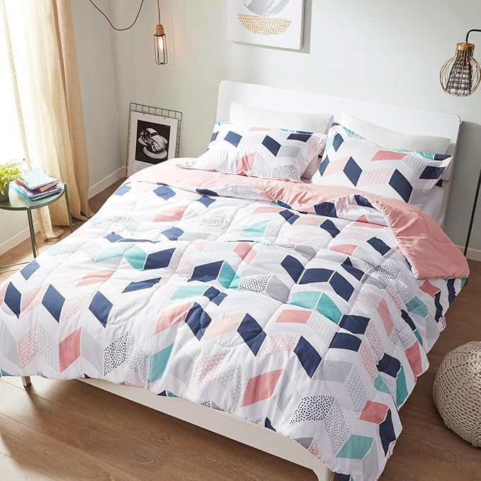 Comfort Spaces Kylar Cozy Comforter Set, Vibrant Chevron Ruching Design with Solid Reverse, All Season Down Alternative Bedding with Matching Sham, Twin/Twin XL (66 in x 90 in), Multi/Blush 2 Piece - LeafyLoom