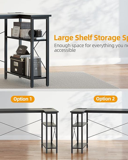 L Shaped Computer Desk with Power Outlets, 47 Inch Small Corner Desk with Reversible Shelves, Gaming Desk Computer Table Study Writing Table for Home Office Bedroom Small Space, Black - LeafyLoom