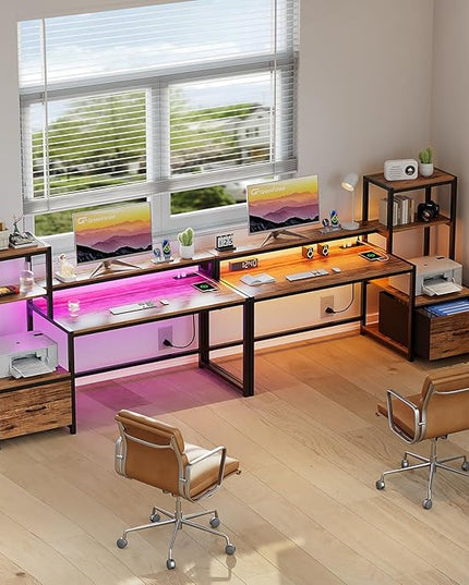 GreenForest Computer Desk with Drawer and Printer Shelf, 68.8 inch Home Office Desk with LED Lights and Power Outlets, Desk with Storage for Study Gaming Working, Walnut - LeafyLoom