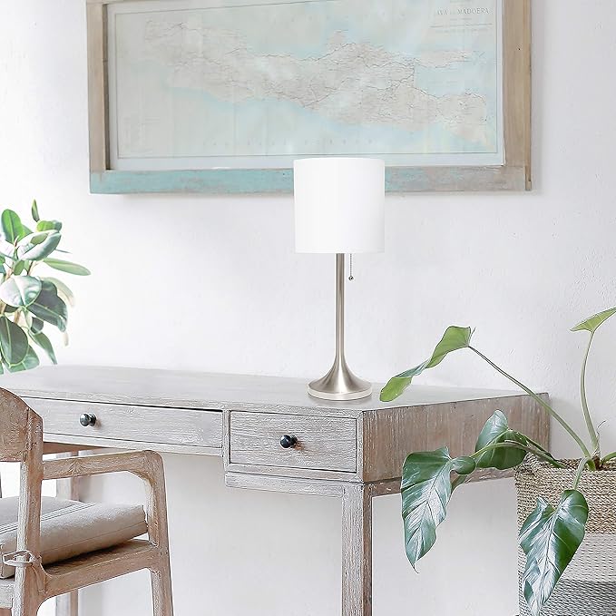 Simple Designs LT1076-BNW Tapered Fabric Drum Shade Table Lamp, Brushed Nickel and White - LeafyLoom