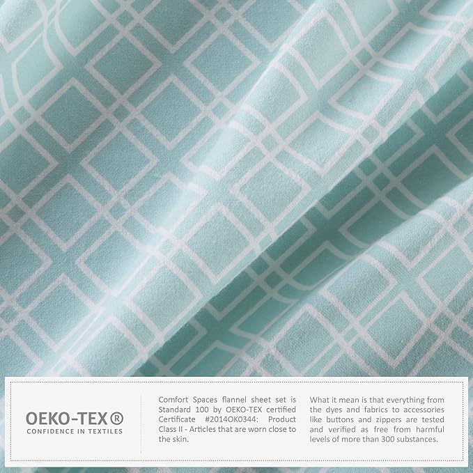 Comfort Spaces Cotton Flannel Breathable Warm Deep Pocket Sheets with Pillow Case Bedding, Queen, Aqua Geo 4 Piece - LeafyLoom