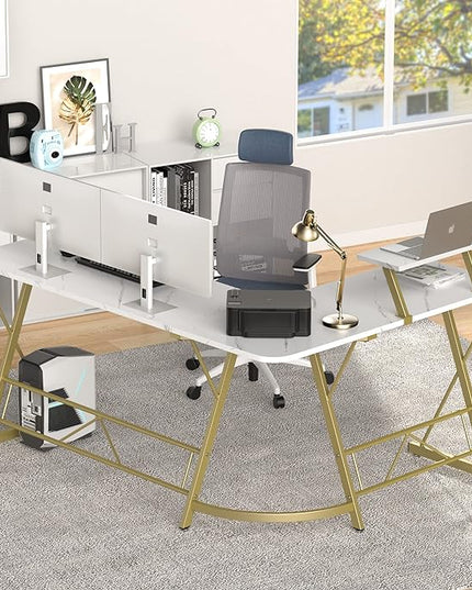 Mr IRONSTONE 63" L Shaped Gaming Desk, Corner Computer Desk, Home Office Writing Desk with Sturdy Monitor Shelf, Spacious L Shaped Desk Workstation, Easy to Assemble, Laminate Marble - LeafyLoom