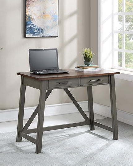 OSP Home Furnishings Milford Rustic 42 Inch Writing Desk with 2 Drawers and Burnished Decorative Hardware, Slate Gray - LeafyLoom