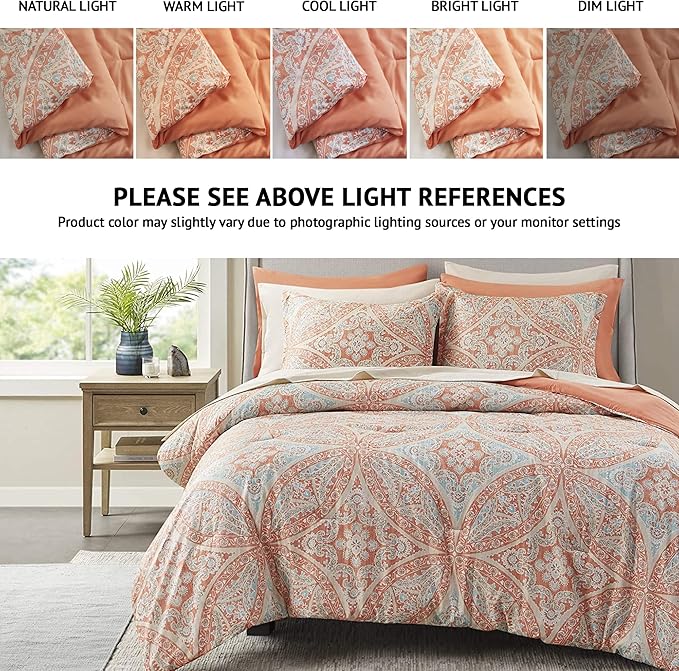 Comfort Spaces Bed in A Bag - Trendy Casual Design Cozy Comforter with Complete Sheet Set with Side Pocket, All Season Cover, Matching Shams, King(104"x90"), Gloria, Damask Coral 9 Piece - LeafyLoom